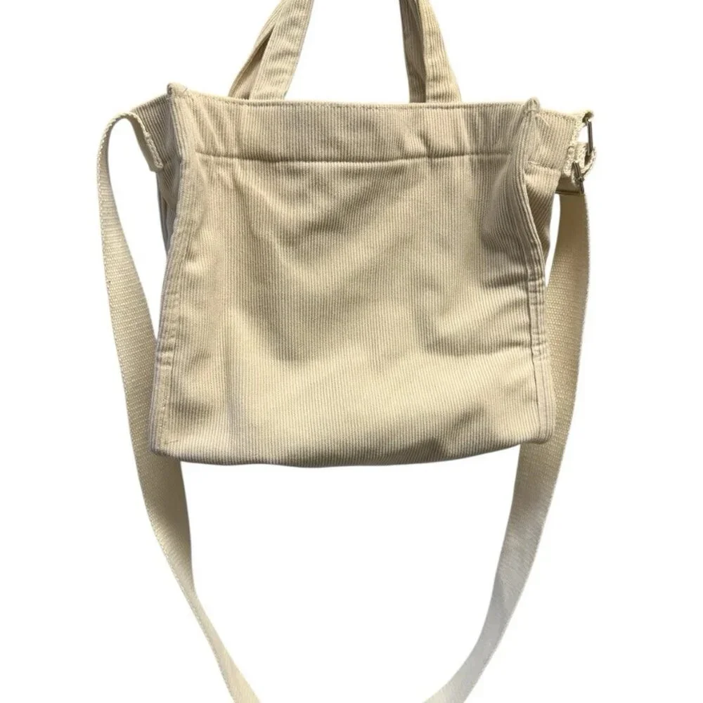 Canvas Corduroy Tote Bag Beige Snap Closure Pocket Adjustable Shoulder Strap